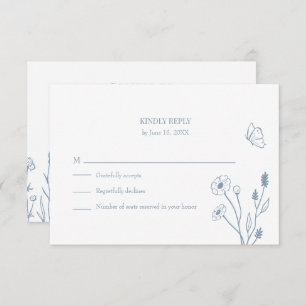 Tarjeta RSVP de Flores y Mariposas Azul Dusty