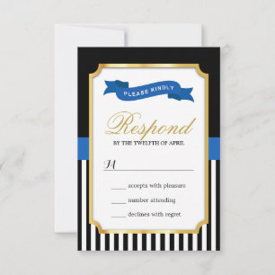 Tarjeta RSVP de franjas blancas de color azul dora