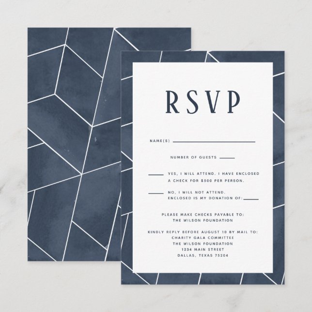 Tarjeta RSVP de Gala Geométrica Azul de Marina (Anverso / Reverso)