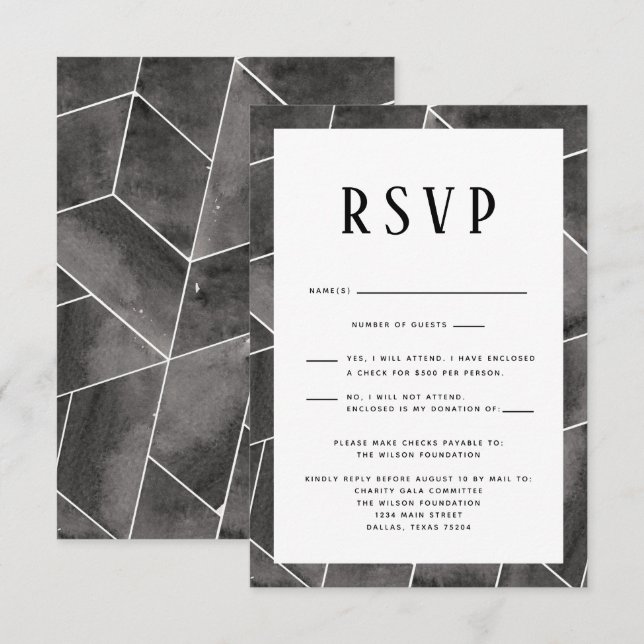 Tarjeta RSVP de Gala Geométrica Negra (Anverso / Reverso)