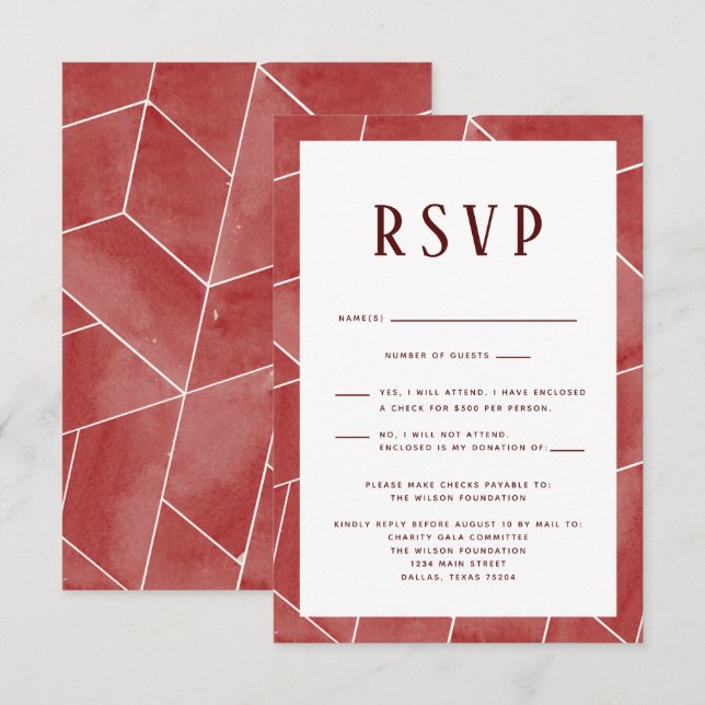 Tarjeta RSVP de Gala Geométrica Roja (Anverso / Reverso)