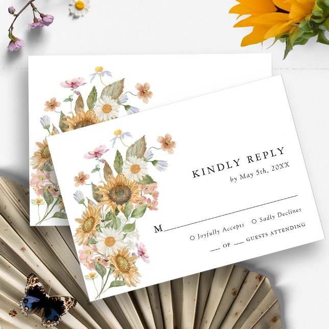 Tarjeta RSVP de girasol (Elegant Wildflower Sunflower Watercolor Floral RSVP Card by Painted Paperie
)