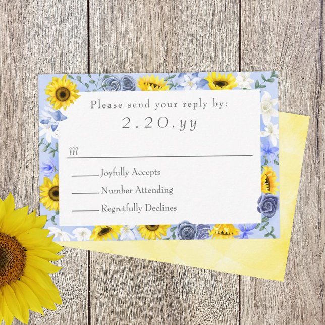 Tarjeta RSVP de girasoles, amarillos y polvoriento (sunflowers and dusty blue roses wedding rsvp card, response reply card, yellow blue wedding theme)