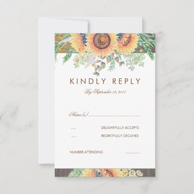 Tarjeta RSVP de girasoles rusos y bodas de madera (Anverso)