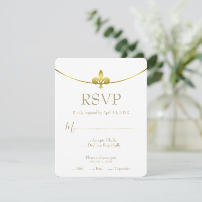 Tarjeta RSVP de Golden Fleur de Lis Wedding (Anverso de pie)