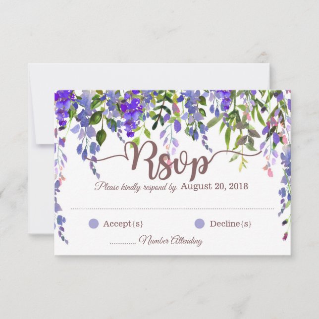 Tarjeta RSVP de gota floral de glicinia púrpura (Anverso)