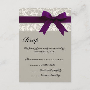 Tarjeta RSVP de grises y plumas de cinta de encaje