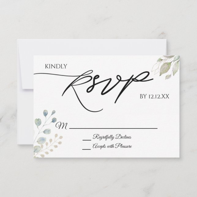 Tarjeta RSVP de hojas botánicas de oro verde (Anverso)