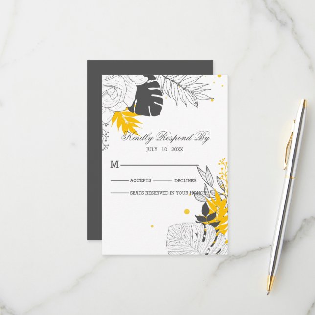 Tarjeta RSVP de hojas tropicales amarillas y blanc (Anverso/Reverso In Situ)