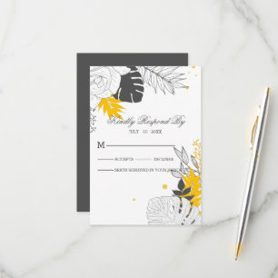 Tarjeta RSVP de hojas tropicales amarillas y blanc