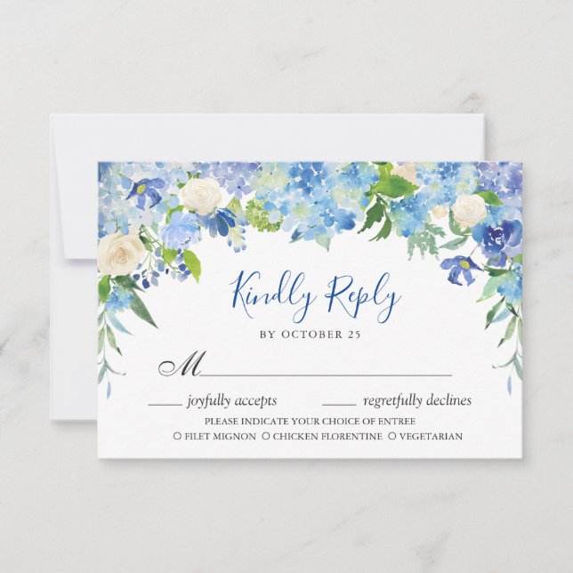 Tarjeta RSVP de Hydrangea Azul Claro con opción de (Anverso)