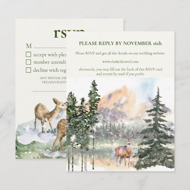 Tarjeta RSVP de Invierno en Evergreen Forest (Anverso / Reverso)