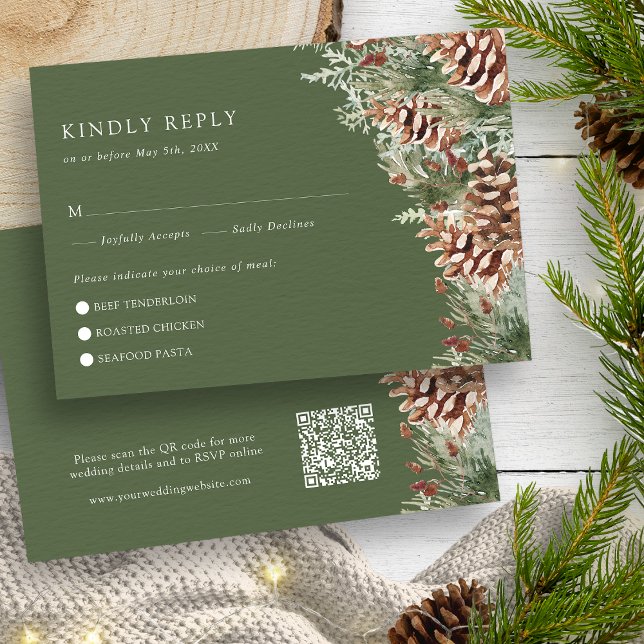 Tarjeta RSVP de Invierno Verde (Hunter Green Watercolor Evergreen Pinecones Winter RSVP Card by Painted Paperie
)