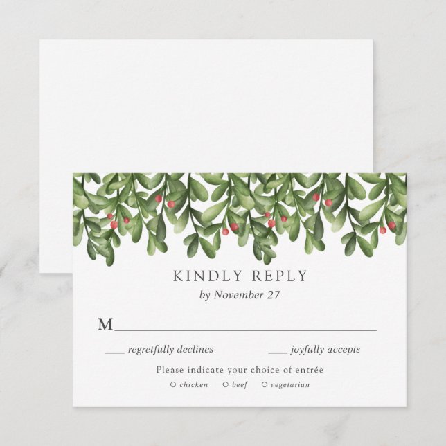 Tarjeta RSVP de invitación a Winter Greenery Holly (Anverso / Reverso)