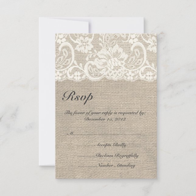 Tarjeta RSVP de Ivory Lace y Burlap Wedding (Anverso)