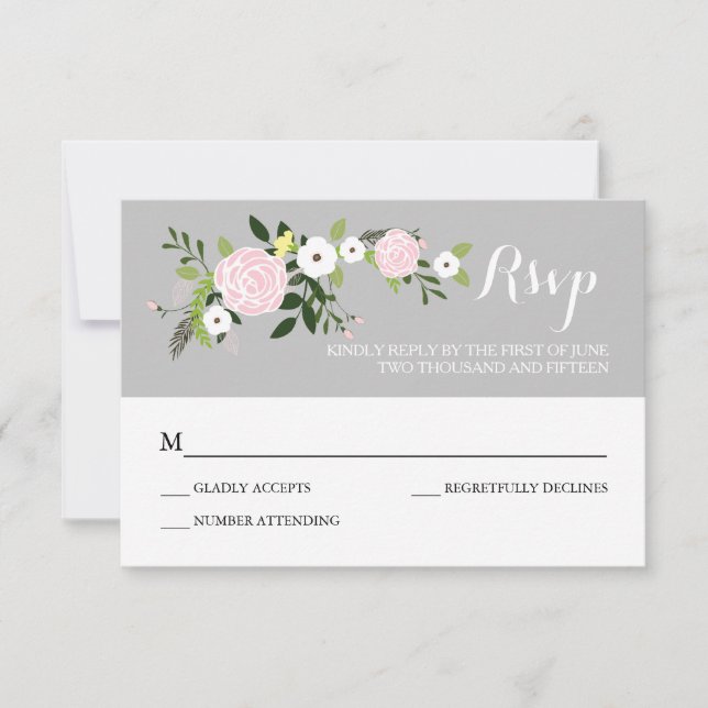 Tarjeta RSVP de jardín floral -gris (Anverso)