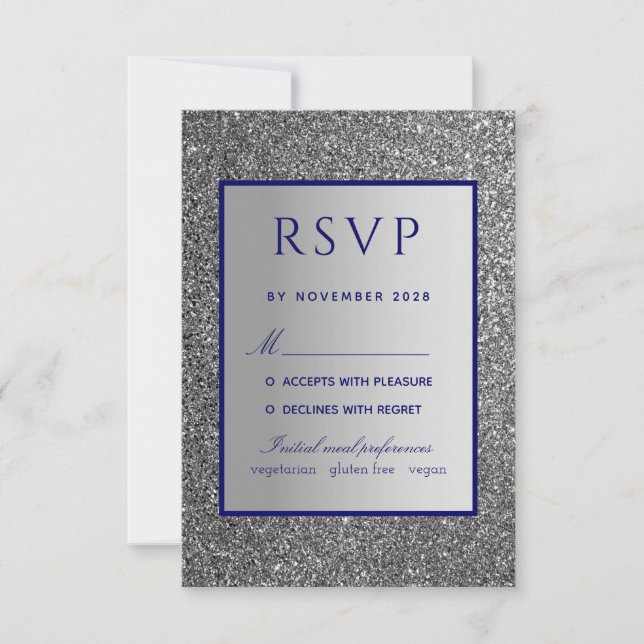 Tarjeta RSVP de la boda azul de plata (Anverso)