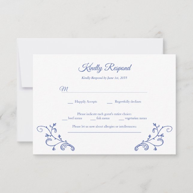 Tarjeta RSVP de la boda azul victoriana (Anverso)