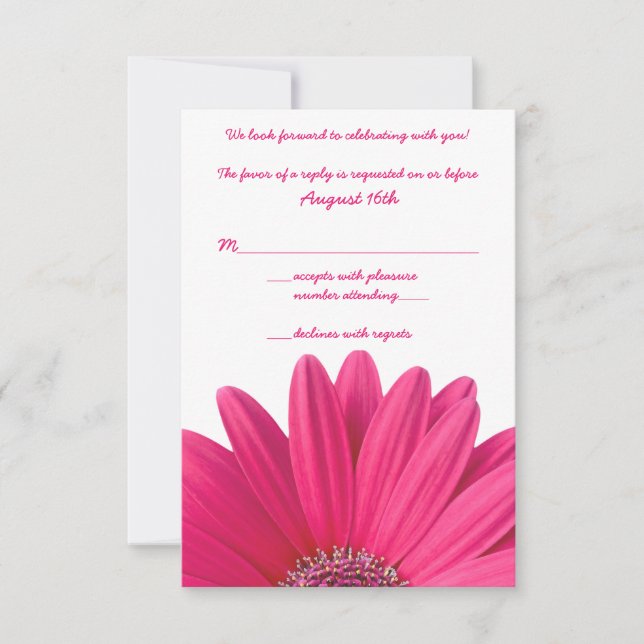 Tarjeta RSVP de la boda blanca Hot Pink Gerbera Da (Anverso)