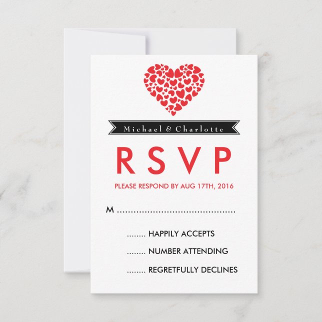 Tarjeta RSVP de la boda blanca y negra con corazón (Anverso)
