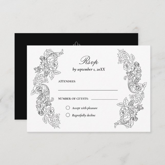 Tarjeta RSVP de la boda blanca y negra victoriana (Anverso / Reverso)