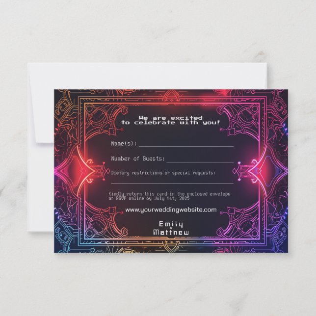 Tarjeta RSVP de la boda de fusión cibermedieval (Anverso)