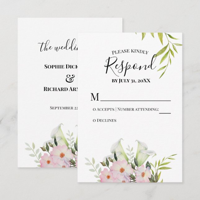 Tarjeta RSVP de la boda de la Calla blanca de colo (Anverso / Reverso)