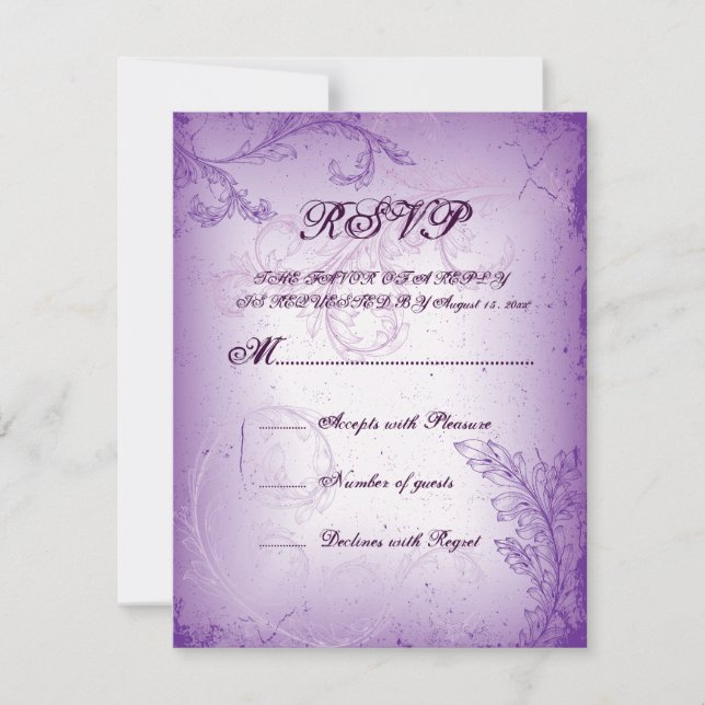 Tarjeta RSVP de la boda de la hoja de pergamino pú (Anverso)