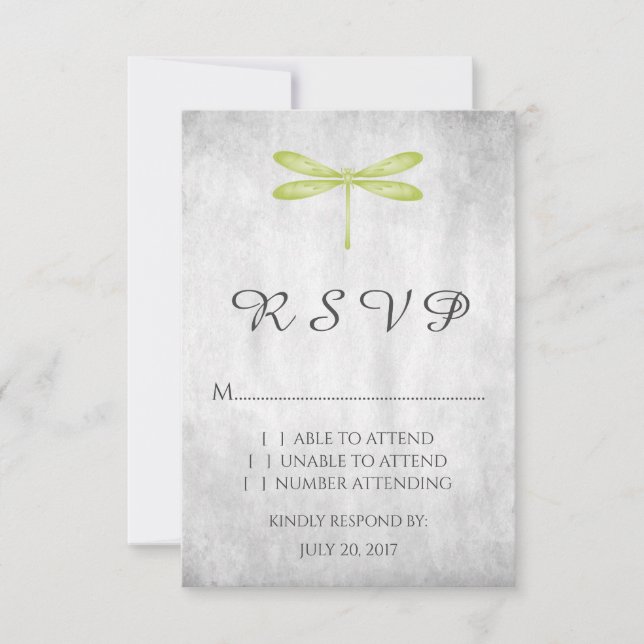 Tarjeta RSVP de la boda de la libélula verde (Anverso)