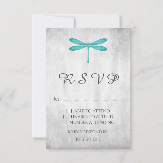 Tarjeta RSVP de la boda de la libélula verde azula (Anverso)