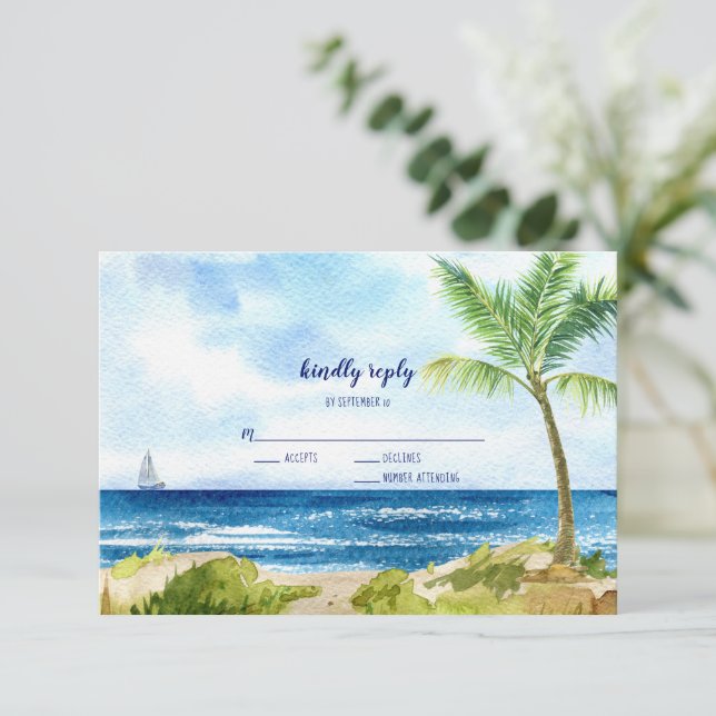 Tarjeta RSVP de la boda de la playa de acuarela mo (Anverso de pie)