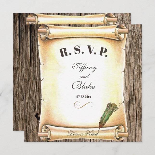 Tarjeta RSVP de la boda de la pluma y el desplazam (Anverso / Reverso)