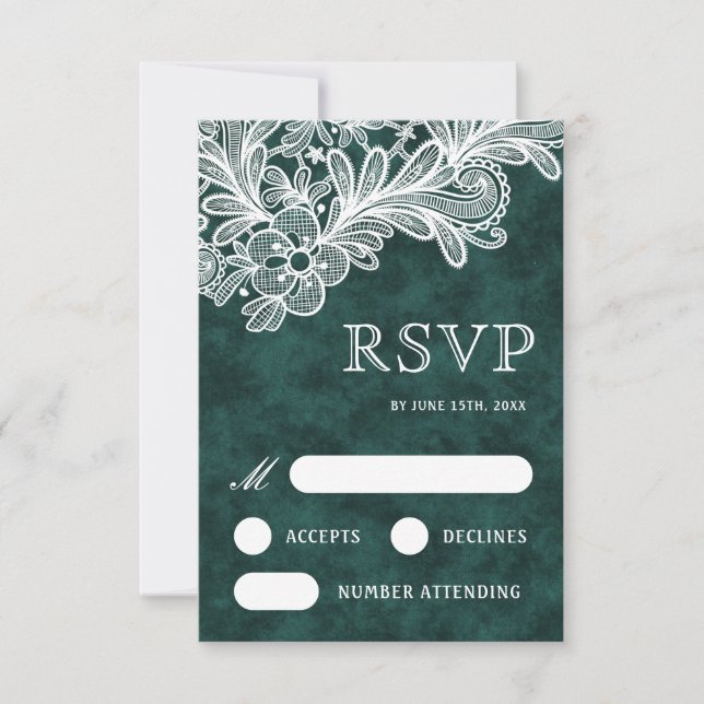 Tarjeta RSVP de la boda de terciopelo verde de esm (Anverso)