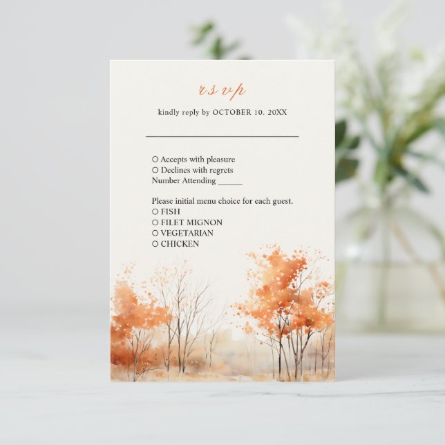 Tarjeta RSVP de la boda de Woodland Forest otoño (Anverso de pie)