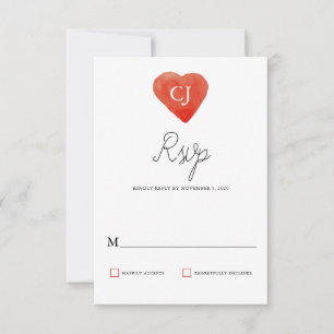 Tarjeta RSVP de la boda del corazón rojo acuarela