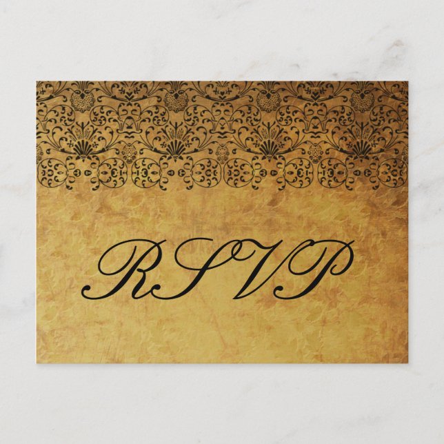 Tarjeta RSVP de la boda del damasco de oro negro d (Anverso)