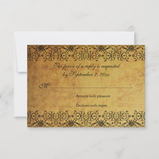 Tarjeta RSVP de la boda del damasco de oro negro d (Anverso)