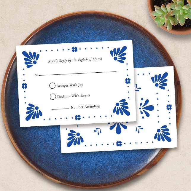 Tarjeta RSVP de la boda mexicana Talavera (Talavera Mexican Wedding RSVP Card by Fiesta Valley Print)