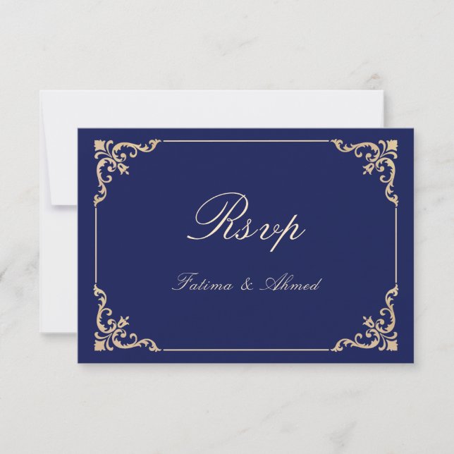 Tarjeta RSVP de la boda musulmana azul vintage (Anverso)