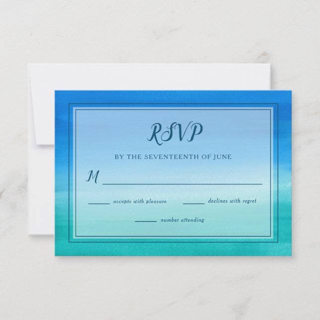 Tarjeta RSVP de la boda Ocean Blue Green Beach (Anverso)