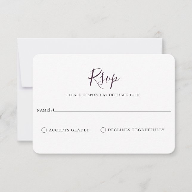 Tarjeta RSVP de la boda púrpura de Pluma minimalis (Anverso)