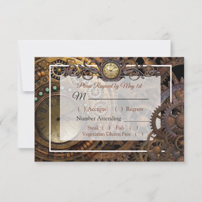 Tarjeta RSVP de la boda renacentista Steampunk (Anverso)
