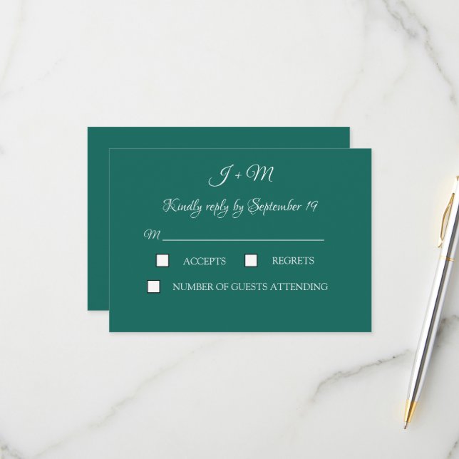 Tarjeta RSVP de la boda verde esmeralda Minimalist (Anverso/Reverso In Situ)
