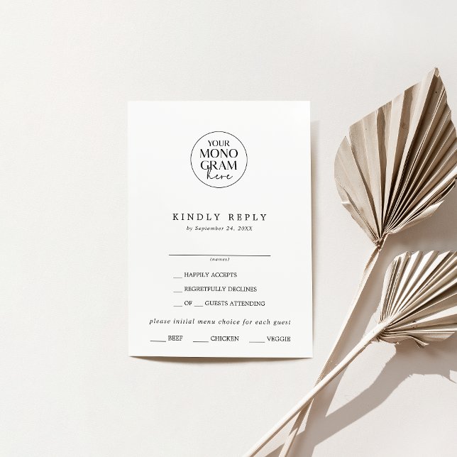 Tarjeta RSVP de la Boho de la Boda Blanca Negra en (MEGHAN Monogram Boho Black White Wedding RSVP Card)