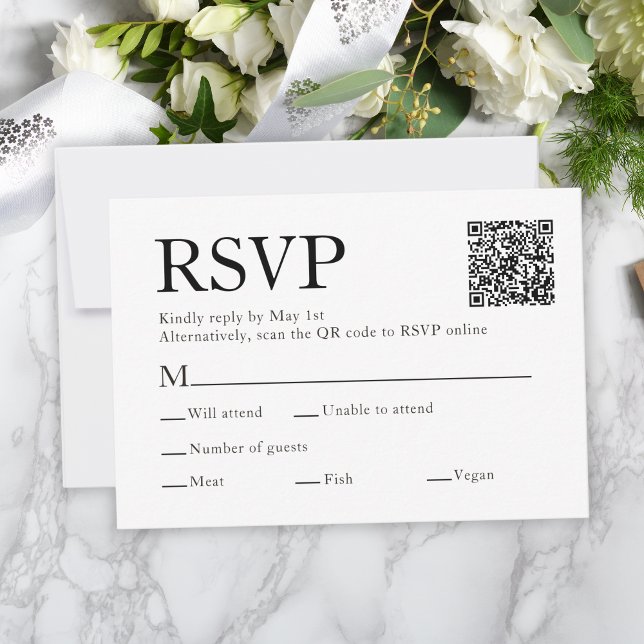 Tarjeta RSVP de la elección de la comida para la e (Qr Code Scan Meal Choice White Wedding RSVP Card
)