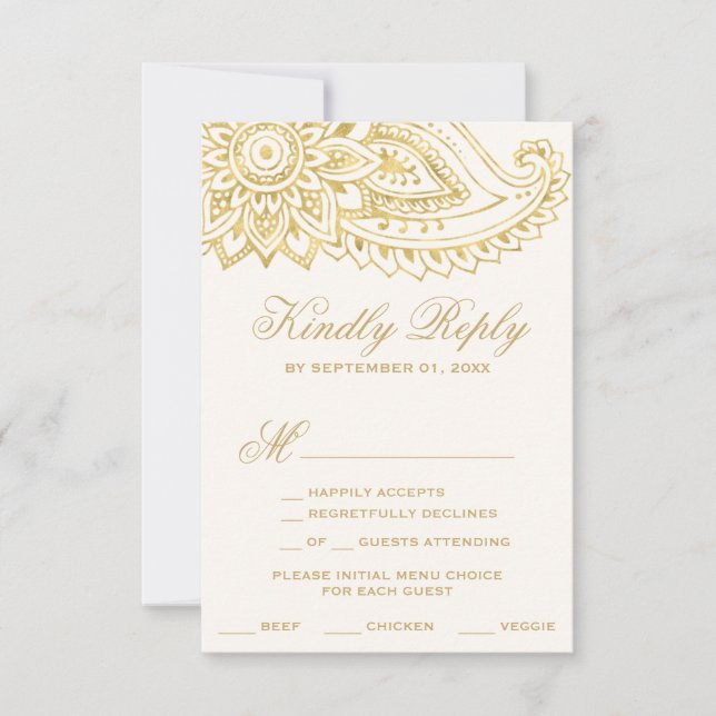 Tarjeta RSVP de la elección del menú Paisley indio (Anverso)