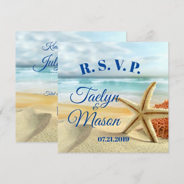 Tarjeta RSVP de la escena tropical Boda de playa (Anverso / Reverso)