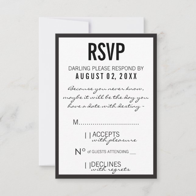 Tarjeta RSVP de la fiesta de la moda en blanco y n (Anverso)