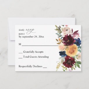 Tarjeta RSVP de la Marina, Borgoña y Floral Rosa