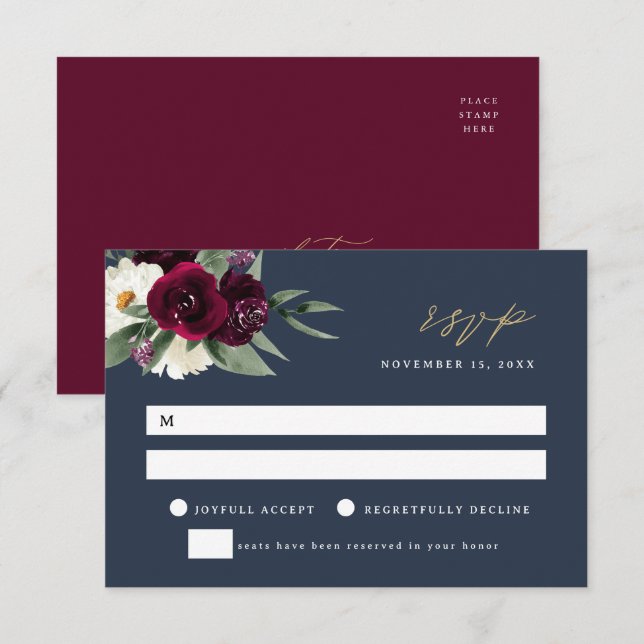 Tarjeta RSVP de la Marina Elegante y la Boda Borgo (Anverso / Reverso)